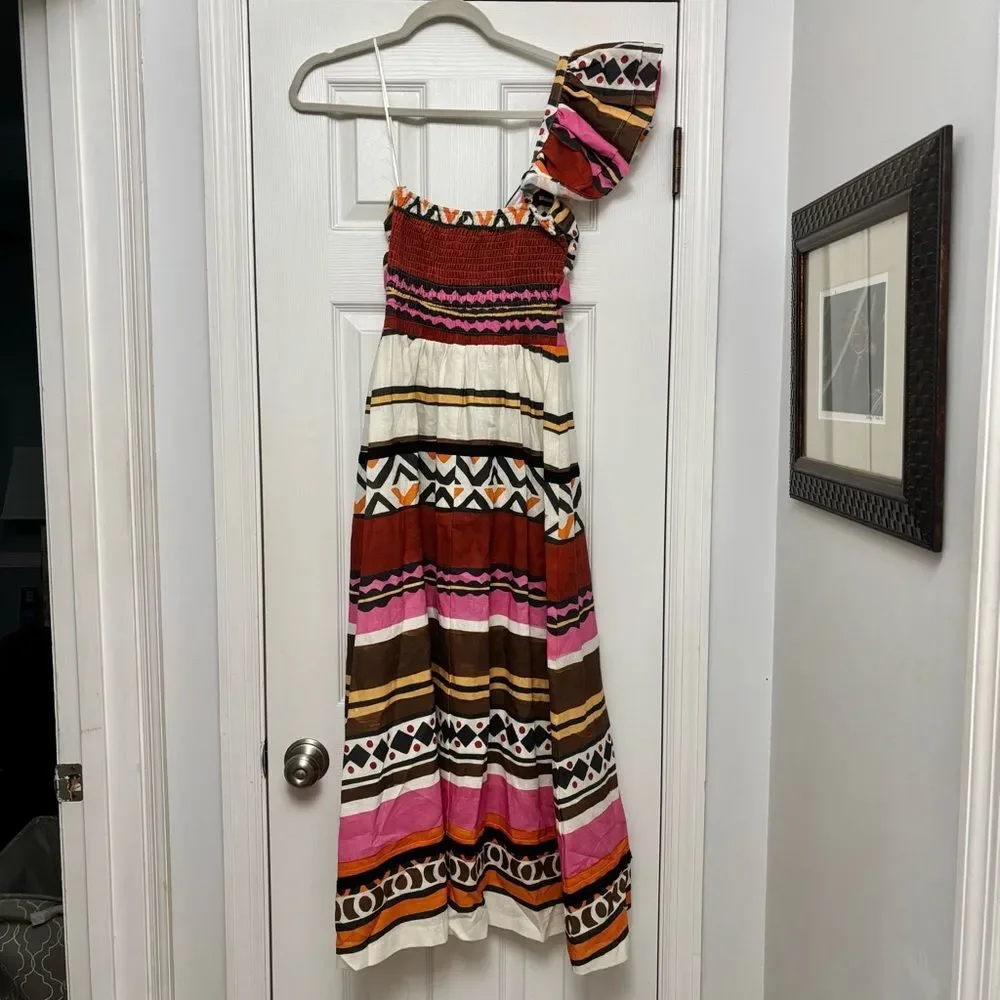 Eva Franco Dress One Shoulder Pleated Tulum Stripe Linen Tribal Ethnic 4 NWT
